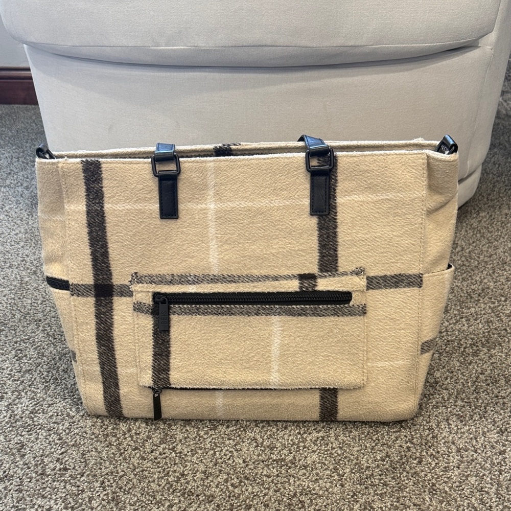 BEIS Beige Plaid Tote with Black Handles - Picture 4 of 16